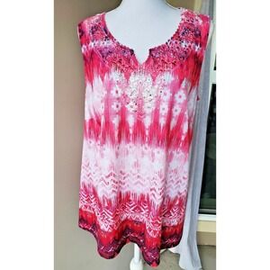 Catherines Womens 0X Pink Boho Ikat Lace Rhinestone Crochet Sleeveless Tunic Top
